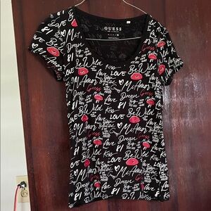 GUESS Black Tee with Red and White Script